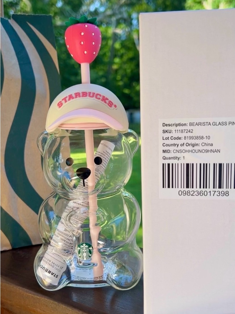 Starbucks Clear Bear Glass Bottle with Pink Strawberry Straw